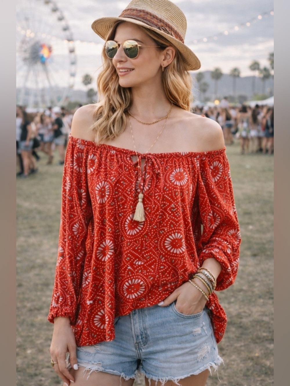 Lucky Brand Red Boho Print Peasant Blouse Size M Tie Neck Top off shoulder